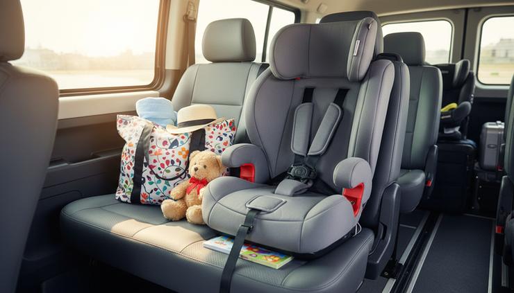 Close-up view of a child booster seat secured inside a clean private vehicle.