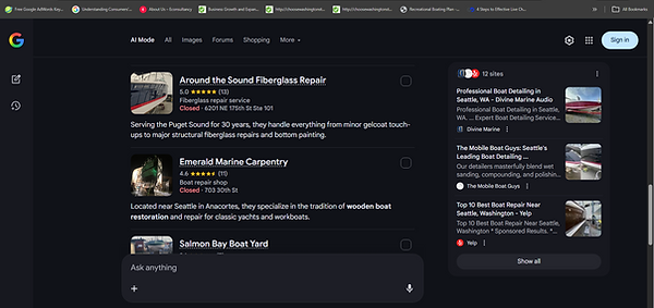 Google AI-generated search results referencing established marine service operators whose search authority was built by Magnet Media Marketing.