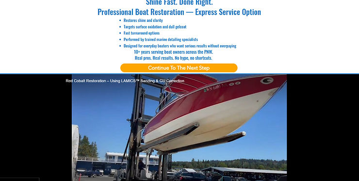 Boat lifted out of the water during professional detailing and restoration — example used to illustrate high-ticket service marketing funnel