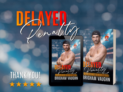 Hockey crowd and ice background. Delayed Penalty eBook and paperbacks at the bottom. Text saying Thank you!