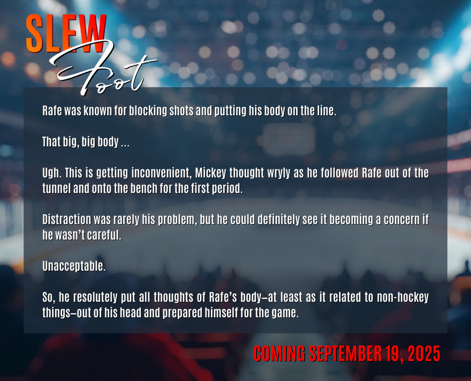 Hockey crowd and ice background. Slew Foot title at the top. Red text saying Coming September 19, 2025 and quote from book.