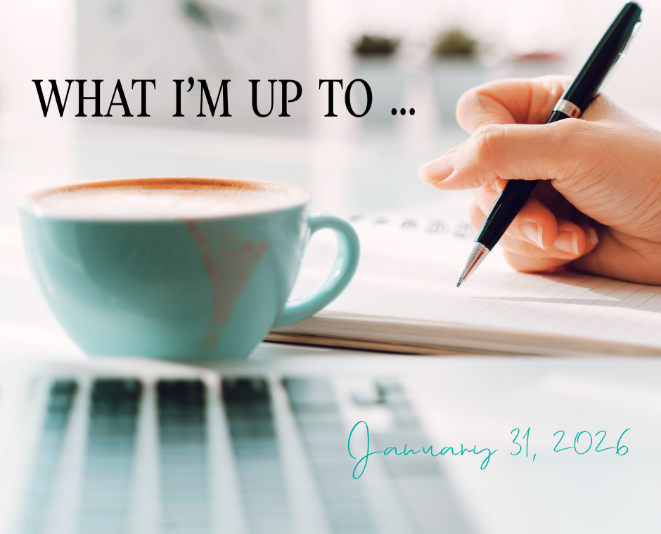 A seafoam green coffee cup is in front of a hand holding a pen writing in a notebook. The text reads, "WHAT I'M UP TO..." and the date.