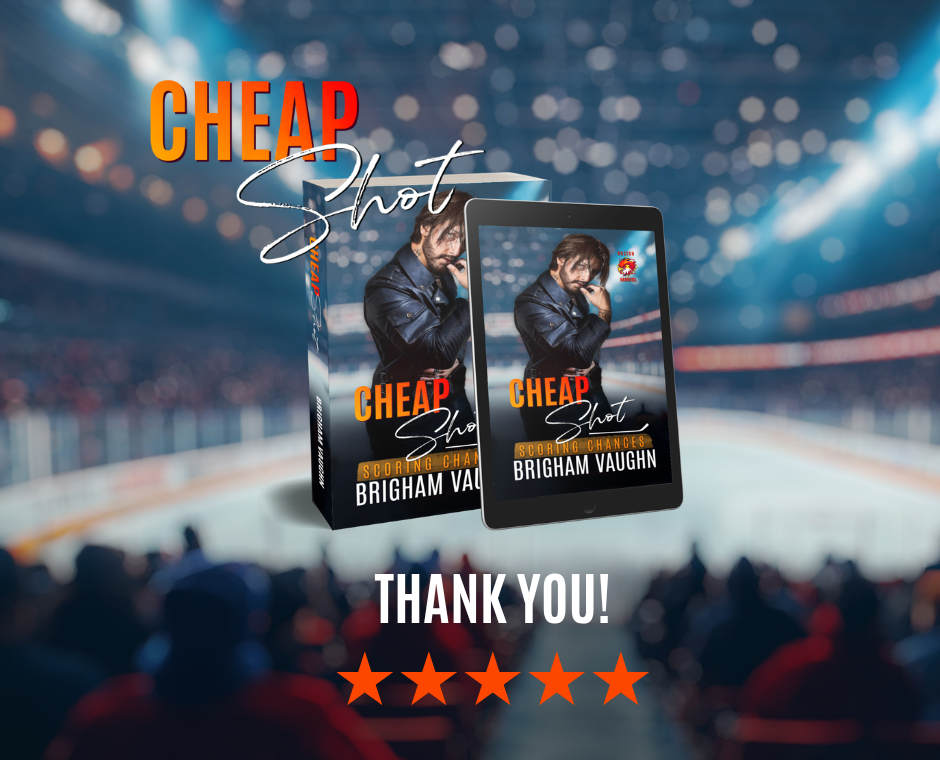 Hockey crowd and ice background. Cheap Shot eBook and paperback cover. Text saying Thank you!