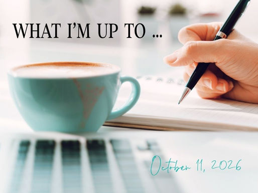 A seafoam green coffee cup is in front of a hand holding a pen writing in a notebook. The text reads, "WHAT I'M UP TO..." and the date.
