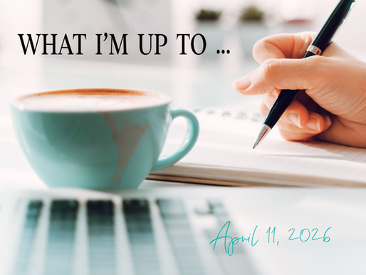 A seafoam green coffee cup is in front of a hand holding a pen writing in a notebook. The text reads, "WHAT I'M UP TO..." and the date.