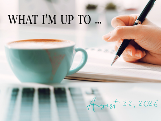 A seafoam green coffee cup is in front of a hand holding a pen writing in a notebook. The text reads, "WHAT I'M UP TO..." and the date.