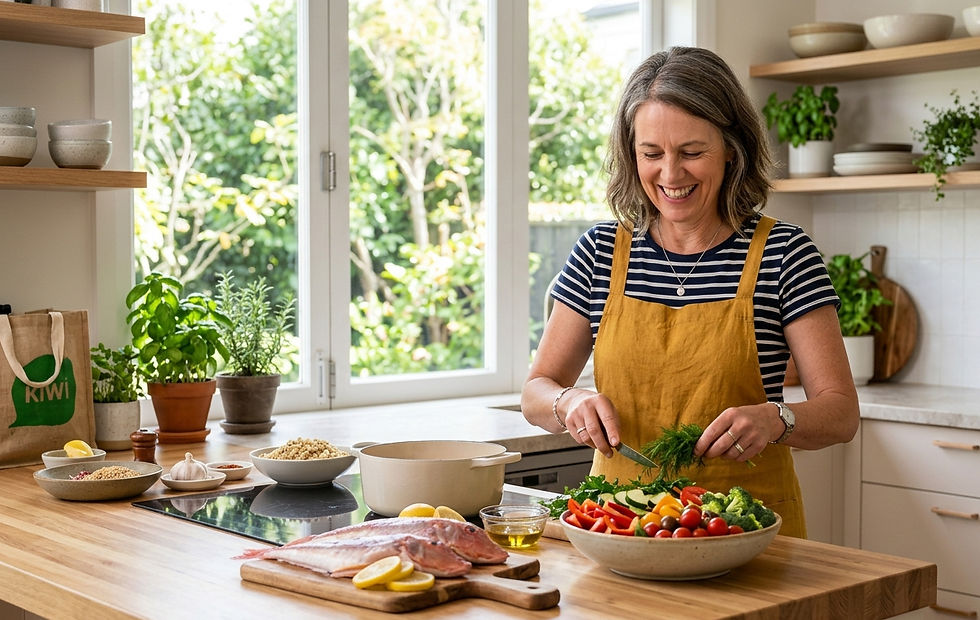 Midlife woman preparing a nourishing menopause-friendly meal rich in calcium and magnesium