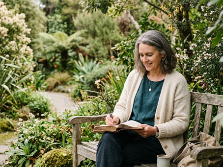 Woman in midlife journalling outdoors in a peaceful garden as a mental wellbeing practice during menopause
