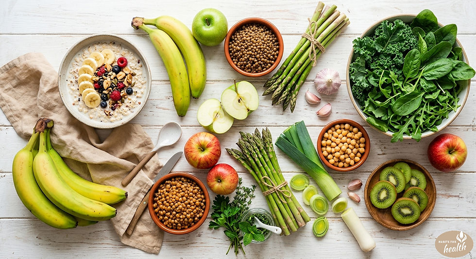 Colourful gut-friendly fruits and vegetables rich in prebiotic fibre arranged on a light background
