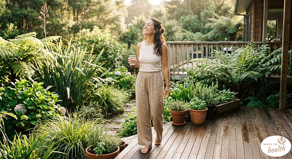 A bright, uplifting lifestyle illustration or photograph of a New Zealand woman in her 30s stepping outside onto a deck or garden path in the early morning