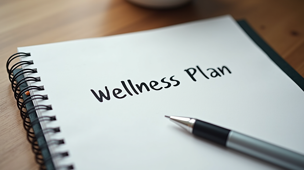 Close-up view of a notebook with a wellness plan and a pen