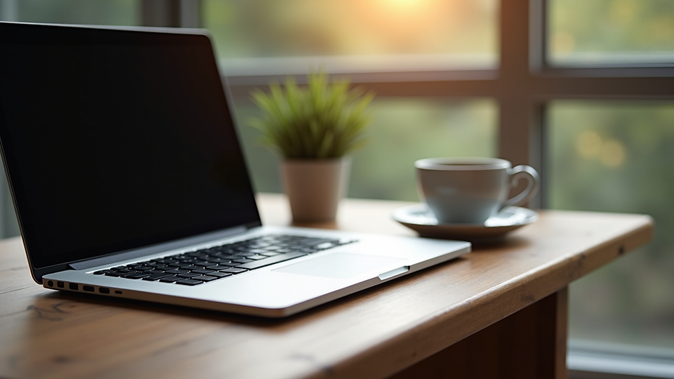 Eye-level view of a laptop on a wooden desk with a cup of tea