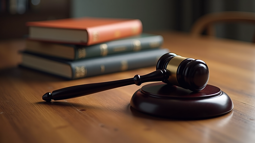 Close-up view of legal books and a gavel on a wooden table
