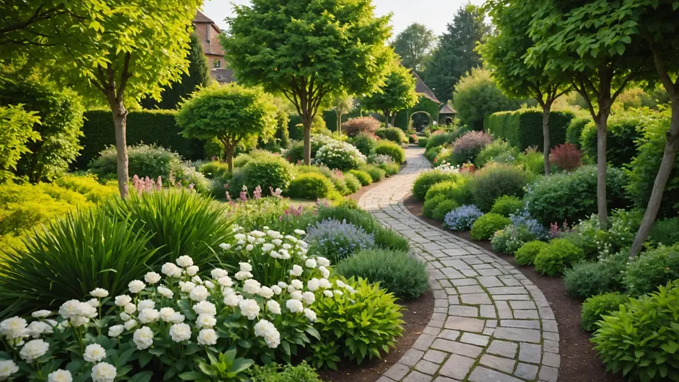 High angle view of a tranquil garden path leading to a peaceful area