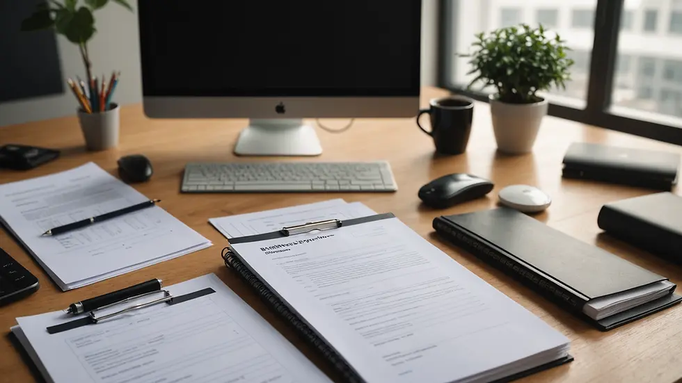 Eye-level view of a well-organized workspace with business documents