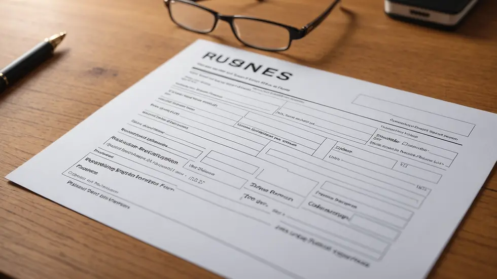 Close-up view of a business registration form on a wooden table