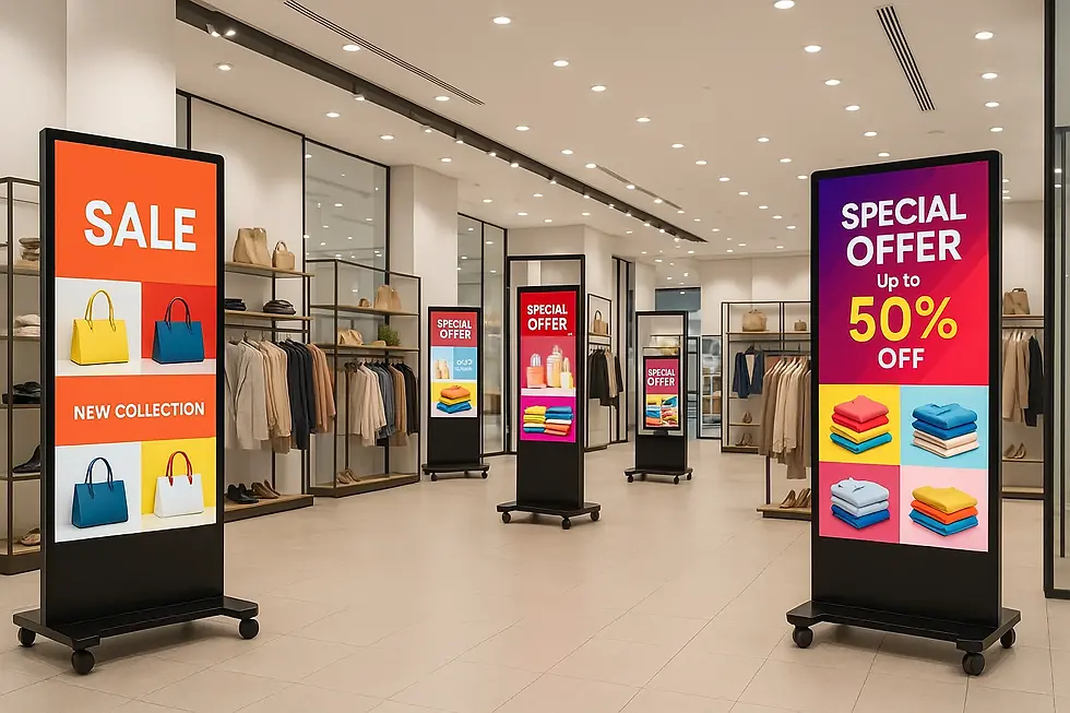 Bright modern Singapore retail store showcasing multiple 43-inch digital standing displays with colorful sale and special-offer promotions.