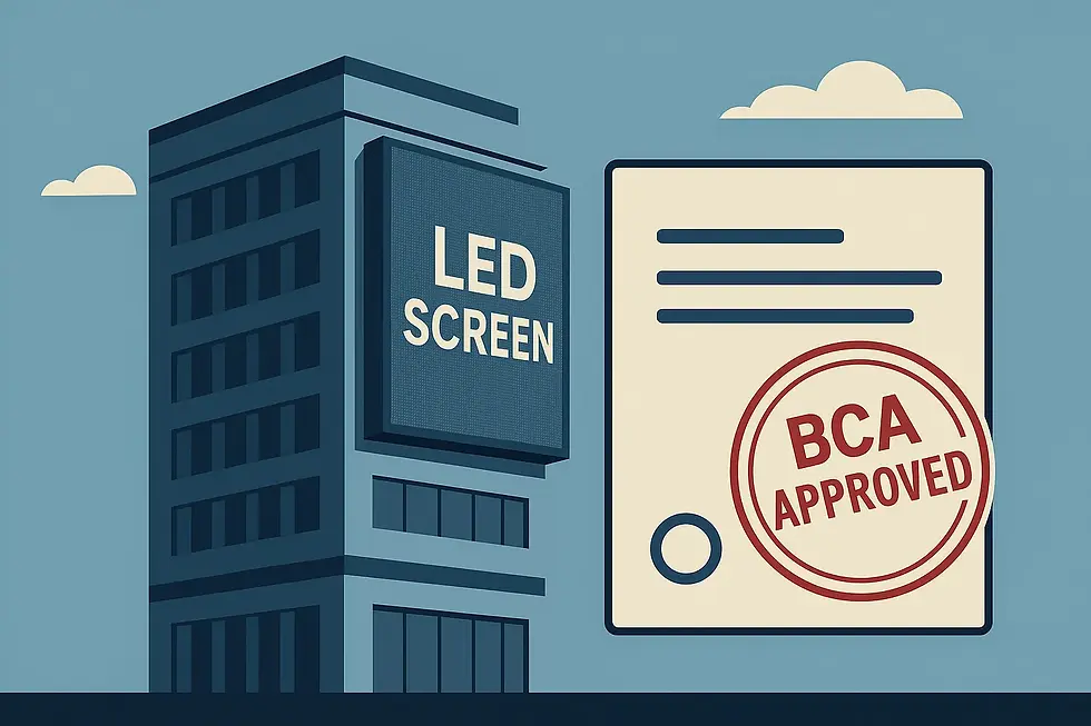 Illustration of a commercial building with a large LED screen beside a BCA-approved document stamped with red approval mark.