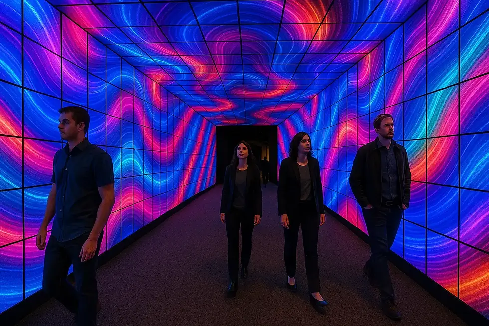 Immersive LED tunnel lined with curved panels displaying swirling patterns of blue, purple, pink, and orange light