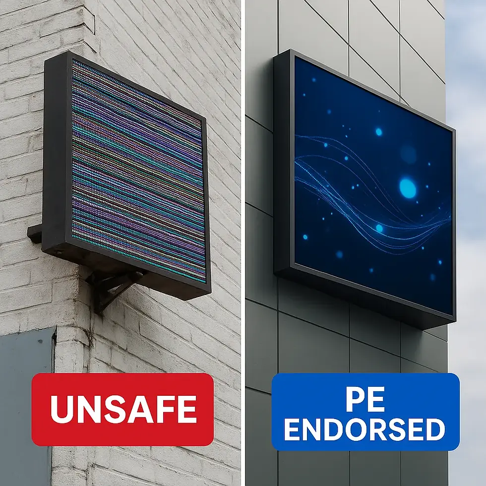 Comparison of outdoor LED screens showing an unsafe, poorly mounted display versus a secure, PE-endorsed installation on a modern façade.