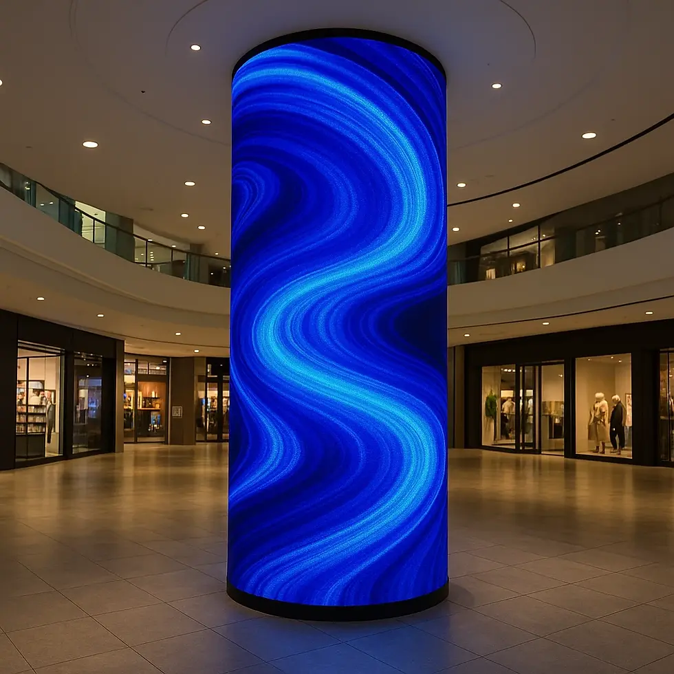 Cylindrical LED display in a shopping mall atrium showing bright blue digital visuals