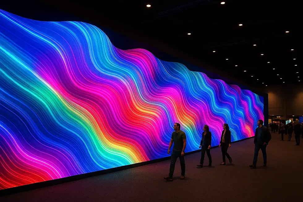 Innovative wavy LED display installation in an exhibition hall radiating neon colors with visitors admiring the curved design