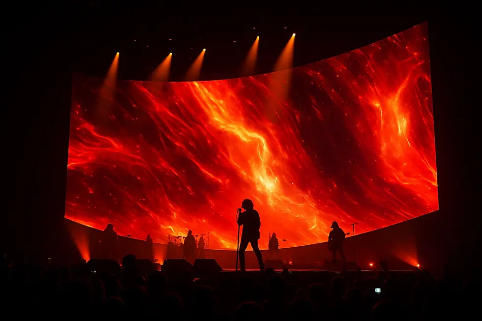 Large curved LED video wall serving as a dynamic stage backdrop with fiery red and orange visuals during a live concert