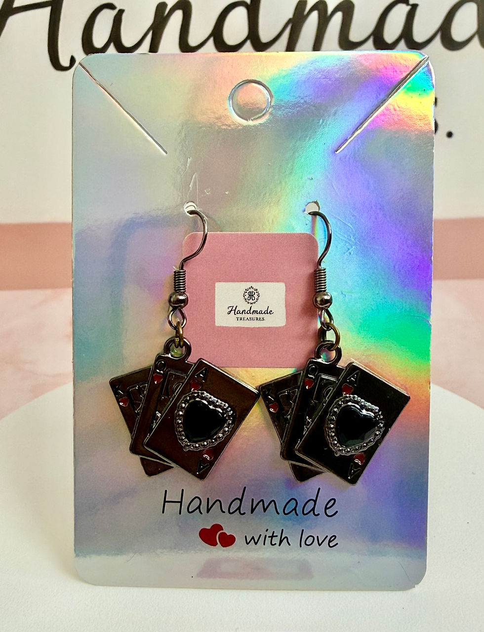 Thumbnail: Black Ace of Hearts Playing Card Earrings, Black Heart Gem Casino Jewellery 