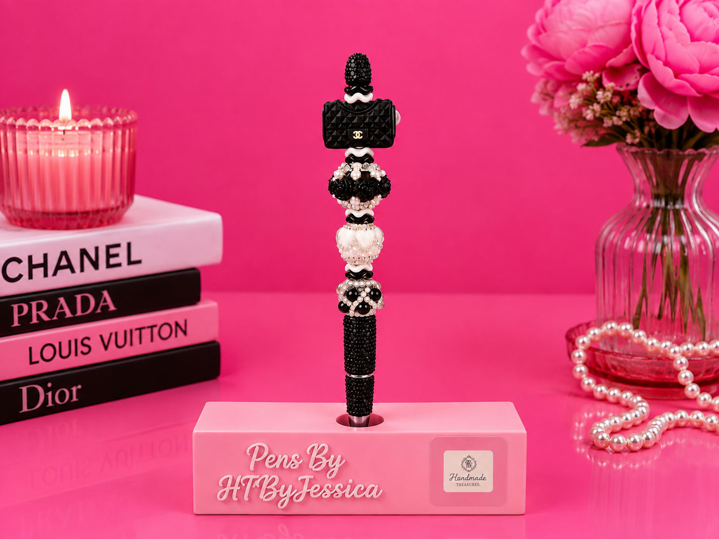 Luxury Black & White Beaded Clutch Bag Pen
