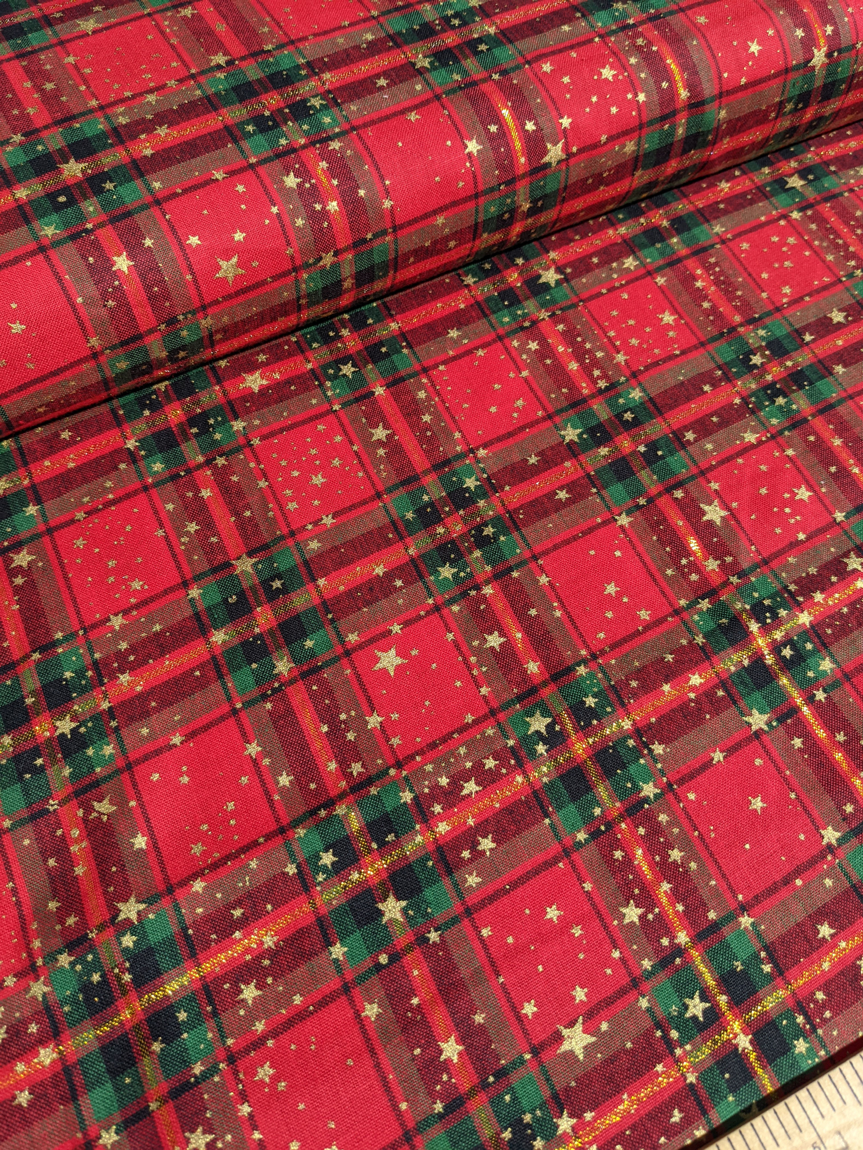 Cotton Christmas Tartan Fabric -Gold Stars