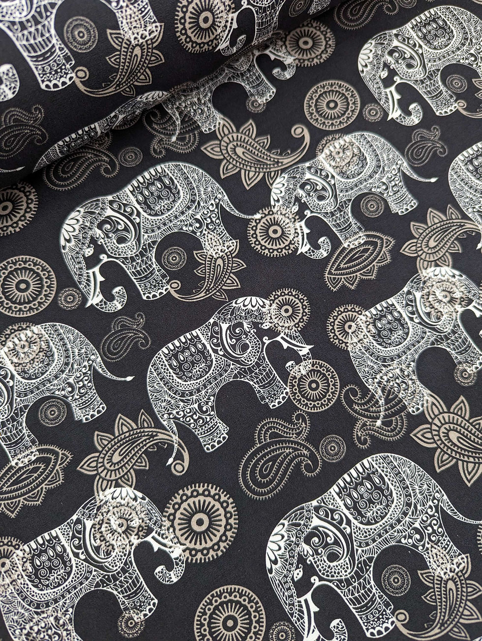 Thumbnail: Elephant Poplin 100% Cotton Fabric on Blue or Black