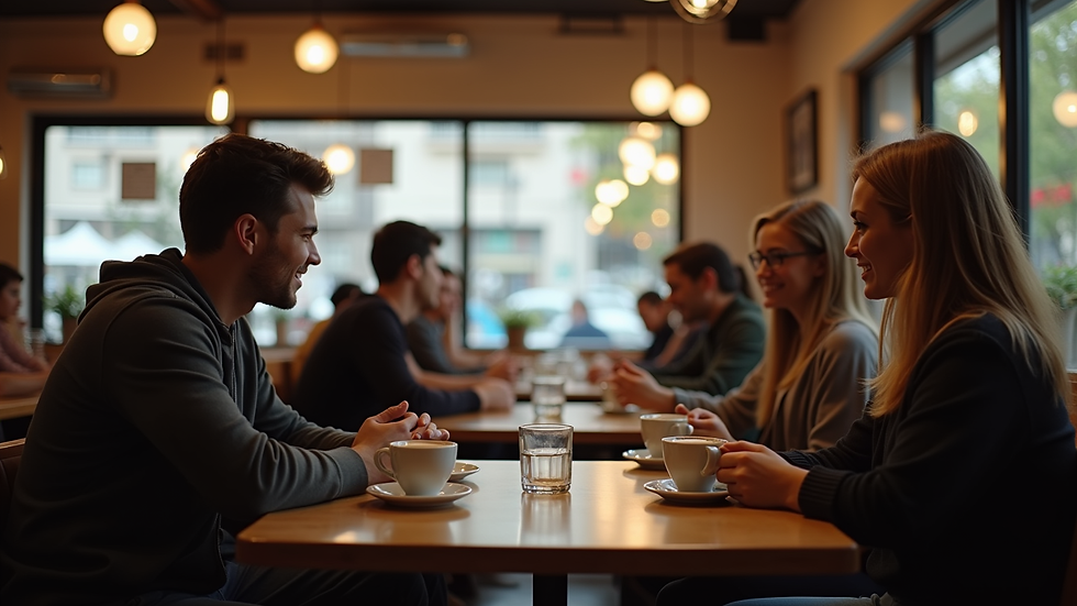 Eye-level view of a cozy coffee shop interior with people engaged in conversation