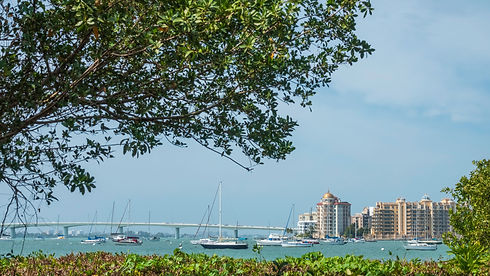 Partial midday view of John Ringling Causeway, Sarasota Bay, and downtown high-rises, seen