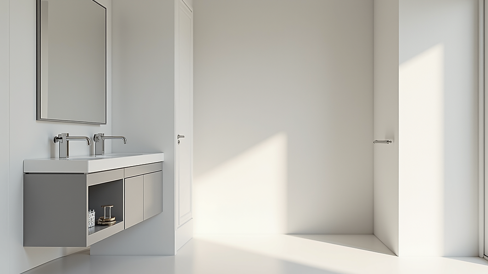 Vista frontale di un bagno moderno con sanitari bianchi e pareti chiare