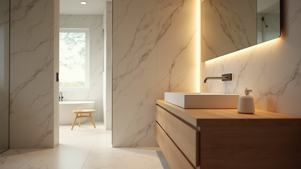 Eye-level view of modern bathroom with wooden vanity and soft lighting