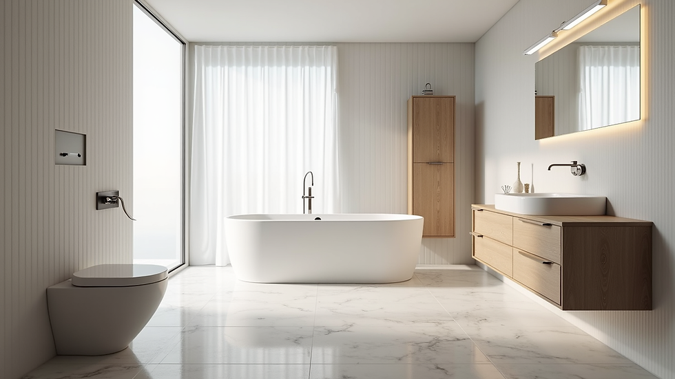 Vista laterale di un bagno con piastrelle bianche e mobili in legno chiaro