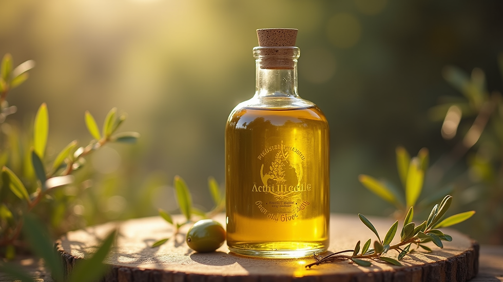 Vue rapprochée d'une bouteille d'huile d'olive artisanale avec étiquette personnalisée