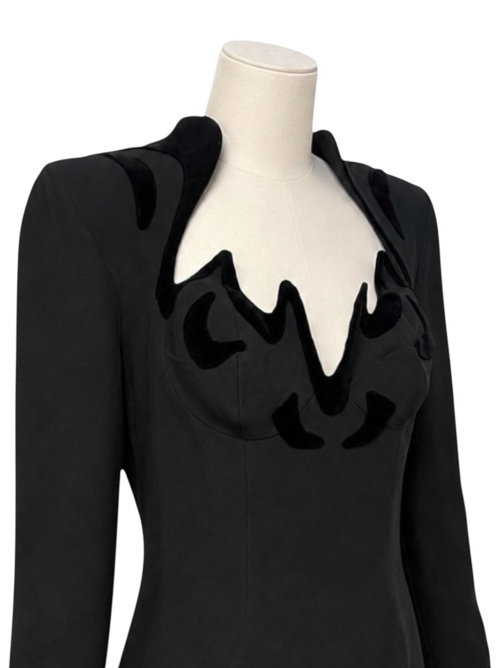 Thumbnail: F/W 1995 Thierry Mugler Black Velvet Trim Sculpted Cutout Dress