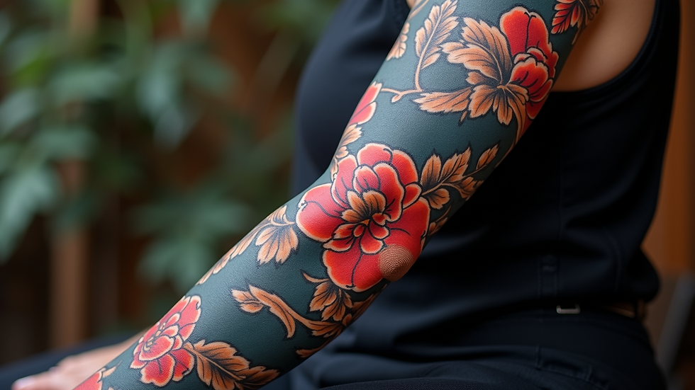 Close-up view of a colorful Japanese style sleeve tattoo on an arm