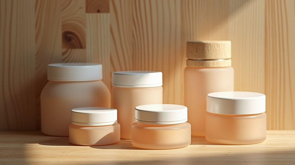 Close-up view of skincare products arranged on a wooden surface