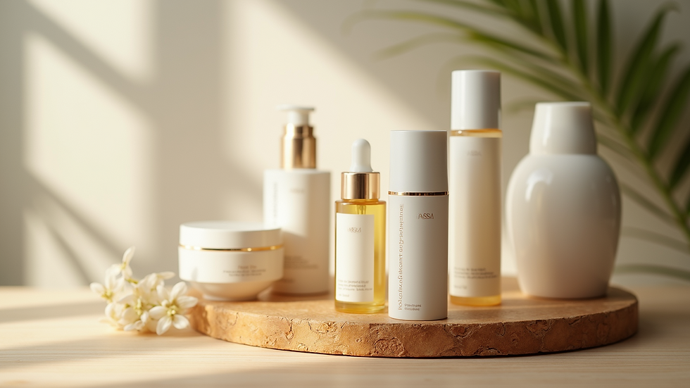 High angle view of skincare products arranged on a wooden surface