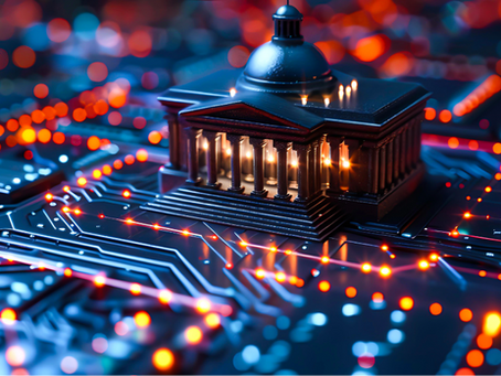 A miniature government building model is integrated into a glowing, futuristic circuit board, symbolizing the intersection of technology and governance, By: Kakabe