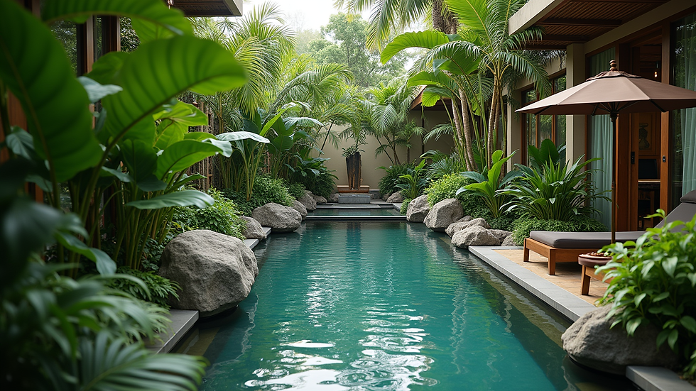 High angle view of a tropical spa garden with lush greenery and a tranquil water feature