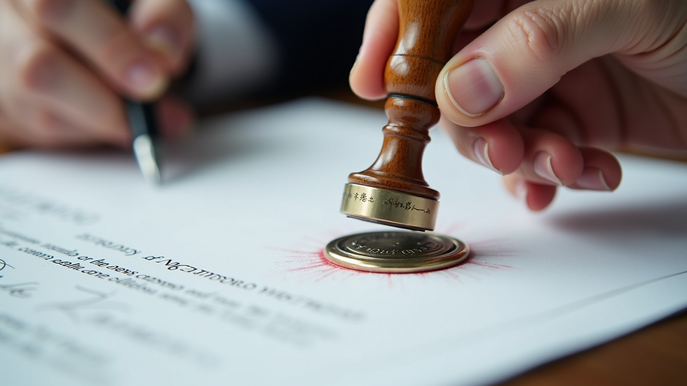 Close-up view of a notary's stamp and seal on a legal document