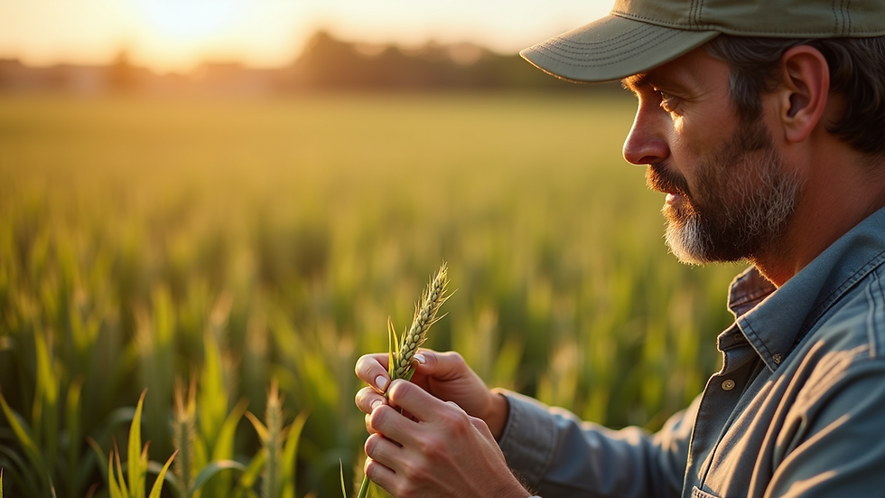 Close-up view of a farmer examining crops in a field