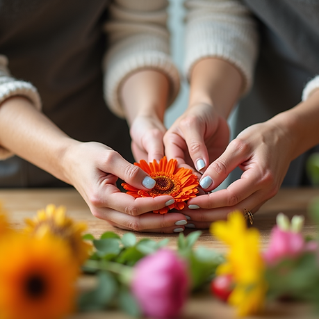 A close-up of two smiling women's hands creating a vibrant floral arrangement together, so