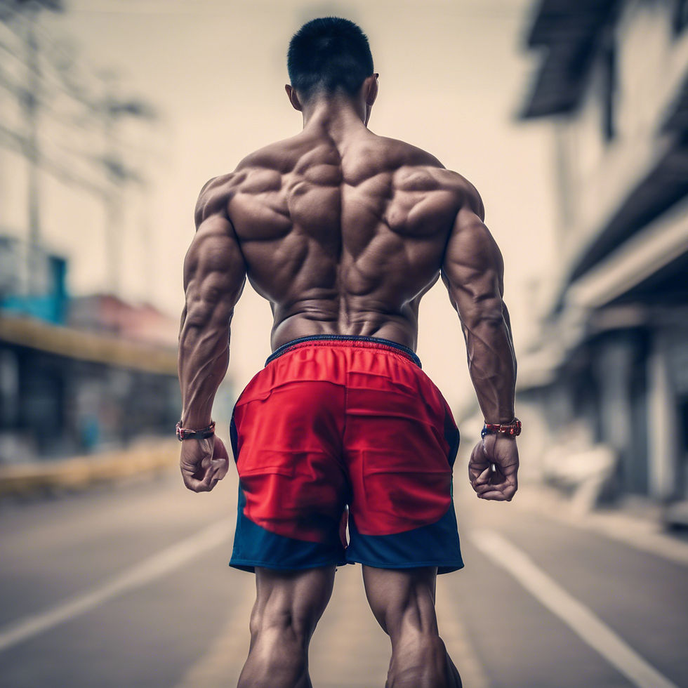 A Thai male athlete is standing on the street, showing off his beautifully defined back muscles