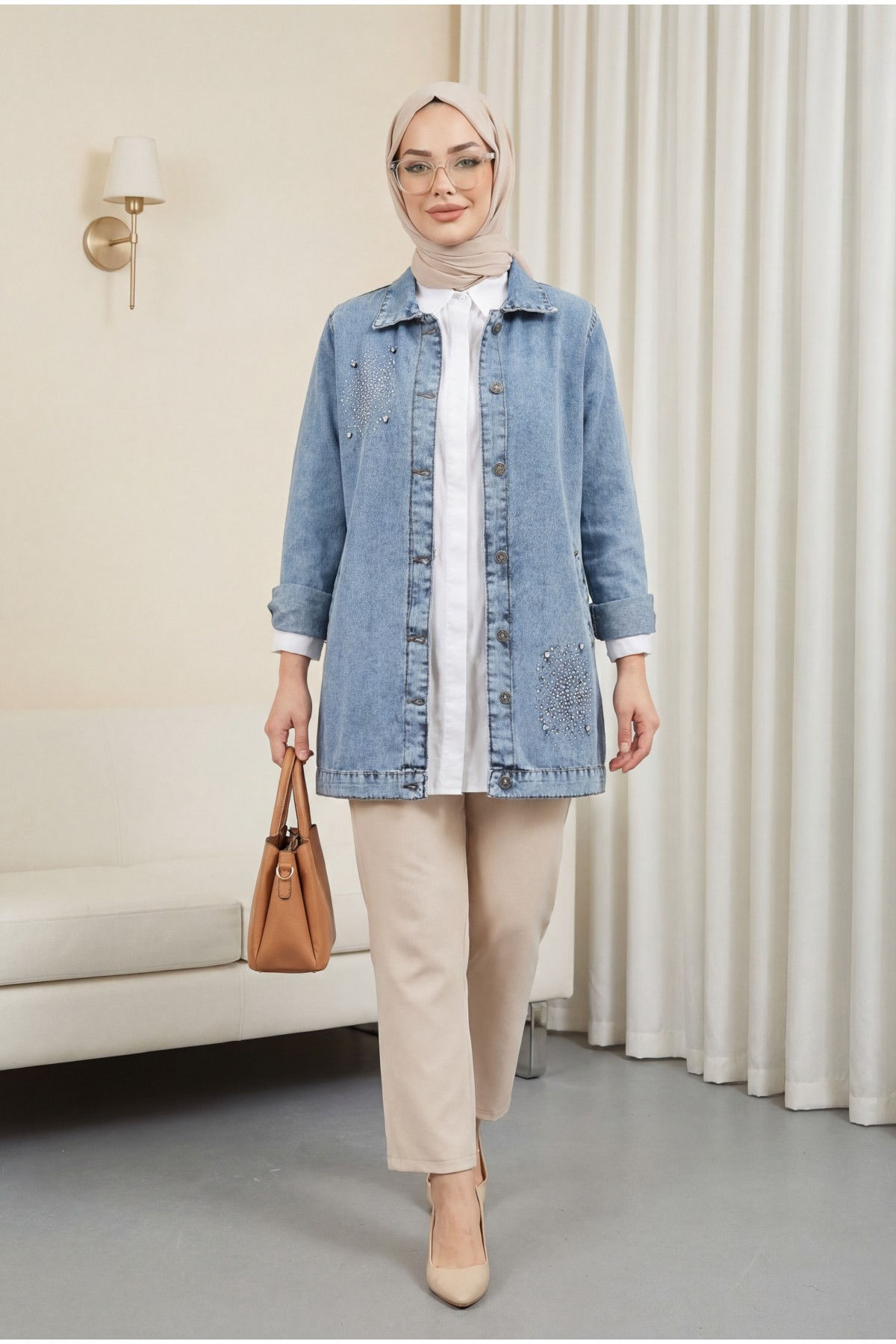 Stone Detailed Double Pocket Denim Jacket -Ice Blue