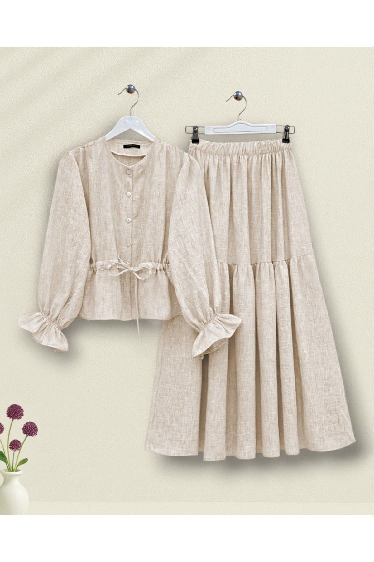 Linen Suit with Buttoned Front and Elasticated Arms and Tunnel Laces - Beige