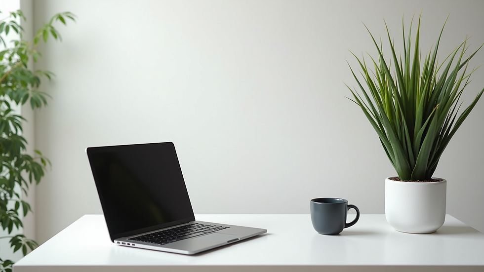 Wide angle view of a minimalist workspace with a laptop and plant